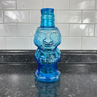 Vintage Blue Indiana Glass Jolly Mountaineer Tumble Up Bottle Decanter & Shot Glass, 10 1/4