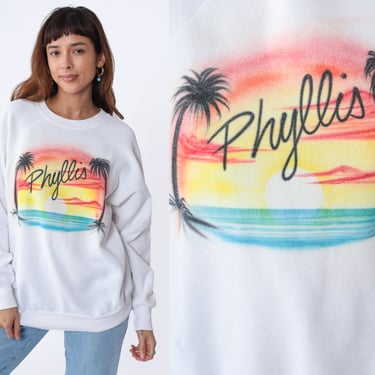 Phyllis Sweatshirt 80s Neon Airbrush Sweatshirt Tropical Island Palm Tree Beach Sunset Graphic Shirt White Raglan Sleeve Vintage 1980s XL 