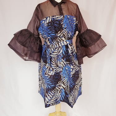 EJIRO Blue and Brown ankara-organza dress with trumpet sleeves 