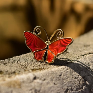 Vintage DA NORWAY S925 Guilloche Enamel Butterfly Brooch, Small Red Enameled Silver Butterfly Pin, Scandinavian Jewelry, 1 1/4” W 