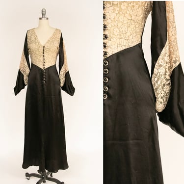 1930s Dress Silk Satin Lace Bias Cut Sheer M/S 