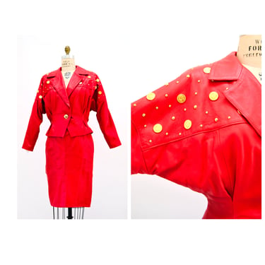 80s 90s Vintage Red Leather Jacket Skirt Suit Lillie Rubin Medium Large 80s Glam Gold Metallic Studded Red Leather Jacket Skirt MEdium Large 