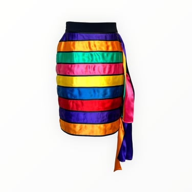 Moschino Couture! Rare Spring 1993 Rainbow Stripe Satin Ribbon Skirt