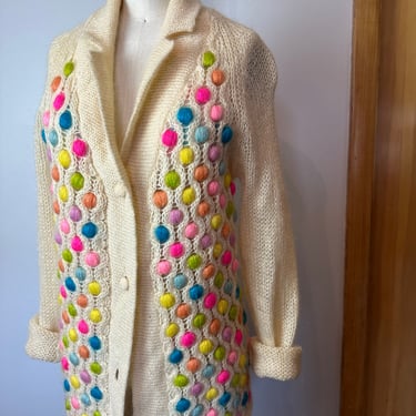 1960’s Italian wool sweater ~ bright colorful knitted balls~ polkadots sneer knitted cardigan~ cheerful MOD lightweight spring size SM/ long 