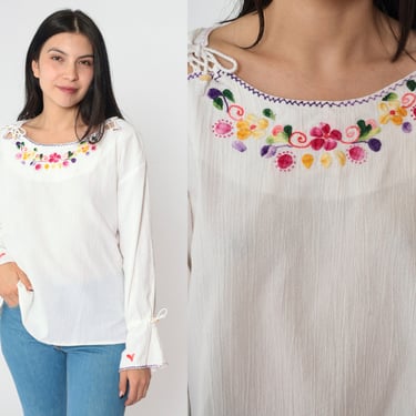 White Floral Blouse Y2k Embroidered Mexican Top Tie Shoulder Peasant Hippie Long Bell Sleeve Keyhole Shirt Flower Boho Vintage 00s Medium 