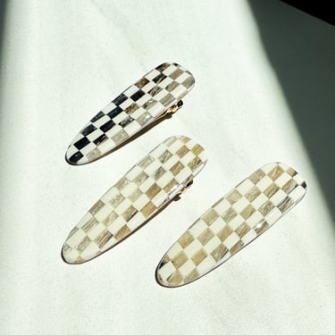 Handmade Alligator Clips | Blonde Checkerboard Polymer Clay Resin Non Slip Stainless Steel Clip Faux Stone Hair Accessories Approx 2.5" 