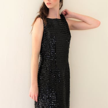 Black Sequin Dress, Vintage 1950s Parade New York Sheath Dress, Small Women, Silk Pinup 