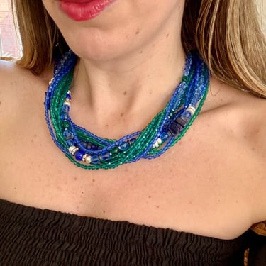 Stunning Blue Green Jewel Crystal bead Torsade Necklace
