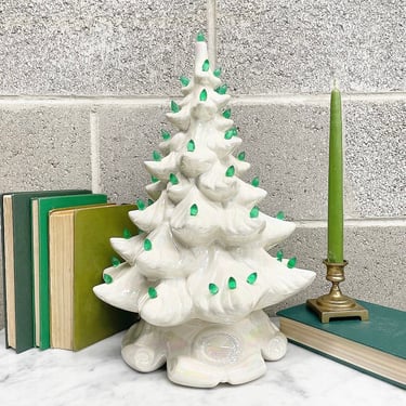 Vintage Ceramic Tree Lamp Retro 1980s PH + Musical Christmas Tree Lamp + Iridescent White + Snow + Green Bulbs + Lighting + Holiday Decor 