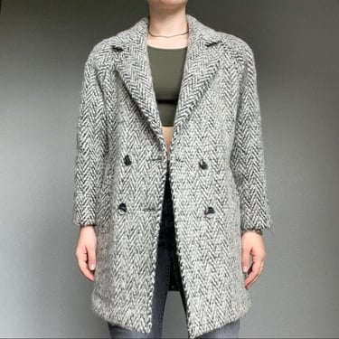 Vintage 80s Women’s Black White Herringbone Wool Fuzzy Mid Length Coat Sz M 