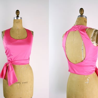 70s Hot Pink Wrap Top / Vintage Barbie Pink Blouse / 60s Blouse / Summer Tops/ Size S/M 