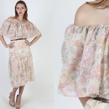Off The Shoulder Garden Floral Dress, Pink Rose Flower Print, Vintage 1970s Prairie Country Tiered Flowy Skirt 