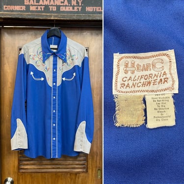 Vintage 1960’s Size XL “H Bar C” Western Cowboy Rayon Pearl Snap Rockabilly Shirt, 60’s Vintage Clothing 