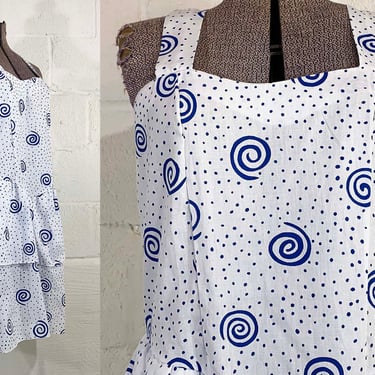 Vintage Blue Swirl Sundress At Ease White Sun Dress Sleeveless Polka Dot Boho Mini Summer Wide Straps Small 1980s 
