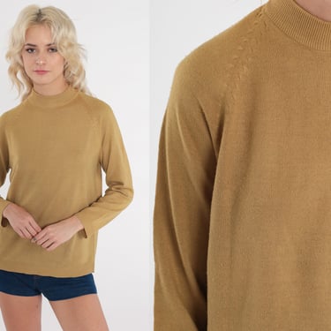 Mustard Yellow Sweater 70s Knit Sweater Lightweight Mock Neck Sweater Raglan Sleeve Pullover Jumper Plain 1970s Vintage Medium 
