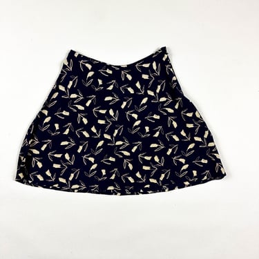 1990s Old Navy Rayon Floral Mini Skirt / Skater Skirt / Circle Skirt / Tulips / Navy Blue and Cream / Grunge / Medium / Fluttery / 