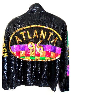 1990's Vintage ATLANTA OLYMPICS sequin jacket coat // Pop Art ATL sequined beaded jacket, picasso trophy jacket couture pop art avant garde 