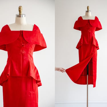 off shoulder dress | 80s 90s vintage red bodice pencil skirt high slit dramatic strapless peplum cocktail party dress 