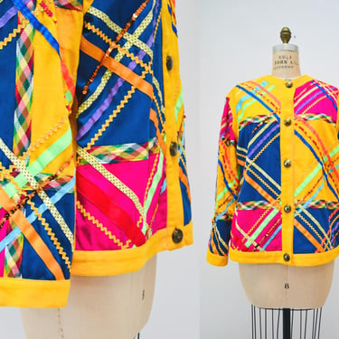 Vintage 80s Wearable Art Jacket Patch work Quilted Jacket Ribbon Sequin Vintage 80s Yellow Gene Ewing Bis Jacket Rick Rack Ribbon Rainbow 