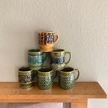 6 vintage ceramic coffee mugs green blue brown midcentury Japan 