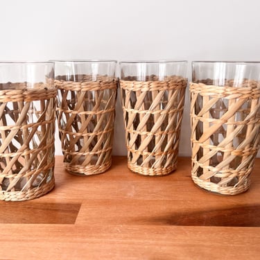 Vintage Woven Seagrass Wrapped Barware Tumblers Highballs.  Vintage Seagrass Drinking Glasses. 