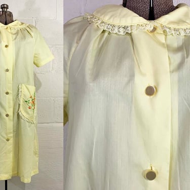 Vintage Nightgown Comfort Coat Sears Pajamas Floral Embroidery PJ Sleep Yellow Sleepwear Dress Nightshirt Short Sleeve XXL XL 1960s 