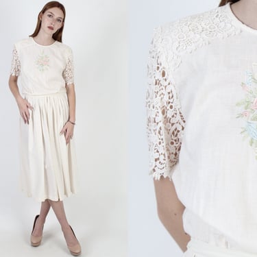 Vintage 80s Crochet Lace Dress / Ivory Linen Cutout Sleeves / Embroidered Floral Lawn Party Maxi Dress 