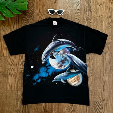 90s Dolphins Black TShirt / Vintage Graphic tee / 1990s / Full moon Tshirt/ size M/L 