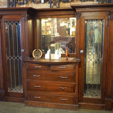 Large Ornate Built In w Leaded Glass Doors and 5 Drawers
