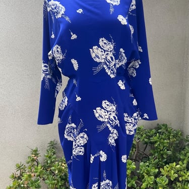 Vintage 80s gorgeous midi dress blue white floral Sz S/M April Rain 