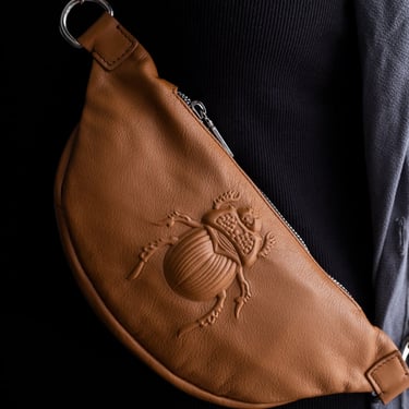 Cognac Scarab Embossed Leather Belt Bag