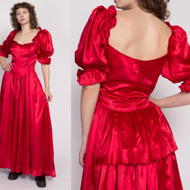 M| 80s Red Satin Princess Gown, As Is - Medium | Vintage Puff Sleeve Formal Maxi Tiered Bustle Dress 