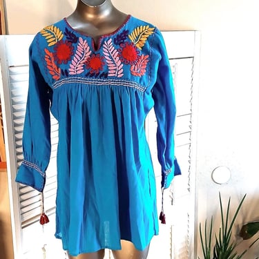 Vintage Blue Cotton Oaxacan Summer Blouse / Emroidery / M/L 