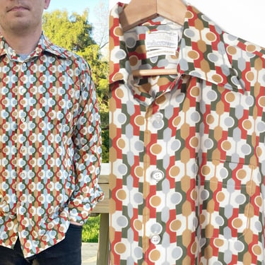 Vintage 70s Mens Geometric Print Disco Shirt Size L 