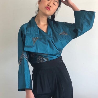 80s raw silk dupioni bolero / vintage embroidered embellished art to wear cropped open front teal raw silk wrap bolero blouse | Large 