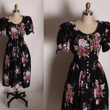 1980s Black, Pink and Blue Floral Rose Puffy Short Sleeve Romantic Dress by Steven Michael -S 