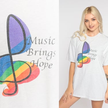 Music Brings Hope Shirt Y2k Musician T-Shirt Rainbow Treble Clef Graphic Tee Inspirational Band Teacher Heather Grey Vintage 00s Mens Large 