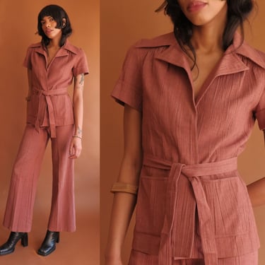 Vintage 70s Chestnut Pant Suit/ 1970s Short Sleeve Jacket and Bell Bottoms/ Size X Small 25 