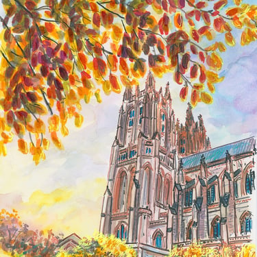 Original Washington National Cathedral at Fall Mixed Media Art by Cris Clapp Logan 