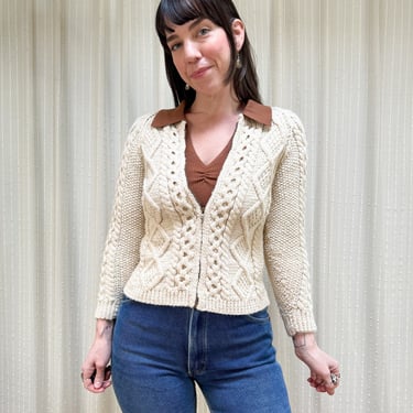 60s hand knit ivory zip up cardigan 