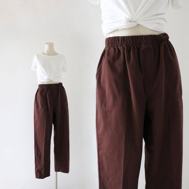 chocolate lounge trousers 25-28 - vintage y2k 90s dark brown casual womens elastic high waist waisted weekend pants size small 