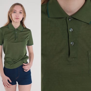 Olive Green Polo Shirt 70s Collared T-Shirt Semi-Sheer Preppy Short Sleeve TShirt Woven Diamond Textured Top Plain Vintage 1970s Small S 