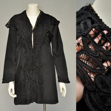 antique Edwardian black silk jacket with Battenburg tape lace S/M 