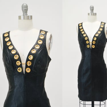 90s Vintage Black Leather Dress with Gold Grommets Size XS Small North Beach Michael Hoban// Vintage Sexy 90s Party Black Leather Dress 