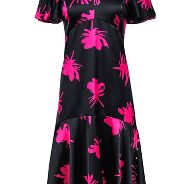 Prabal Gurung Collective - Black &amp; Hot Pink Flower Printed Ruffled Sleeve Dress Sz 4