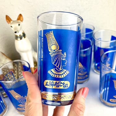 Vintage MCM Blue & 22K Gold Glassware/ Egyptian design/Set of 8 