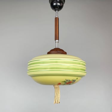 Art Deco Hand Painted Glass Pendant Light, 1930's / Art Deco Lighting / Coloured Glass / Tassel / Wood 