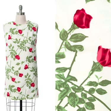 Vintage 1960s Sundress | 60s Red Rose Stems Floral Print Cream Shift Day Dress (medium/large) 