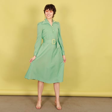 70s Teal Green Aline Flared Dress Vintage Belted Long Sleeve Knit Slouchy Dress 