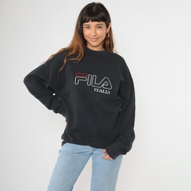 Vintage FILA Italia Sweatshirt Made in Italy Black Crewneck 90s Logo Pullover Jumper Long Sleeve Slouchy Sports Athletic 1990s Large xl 